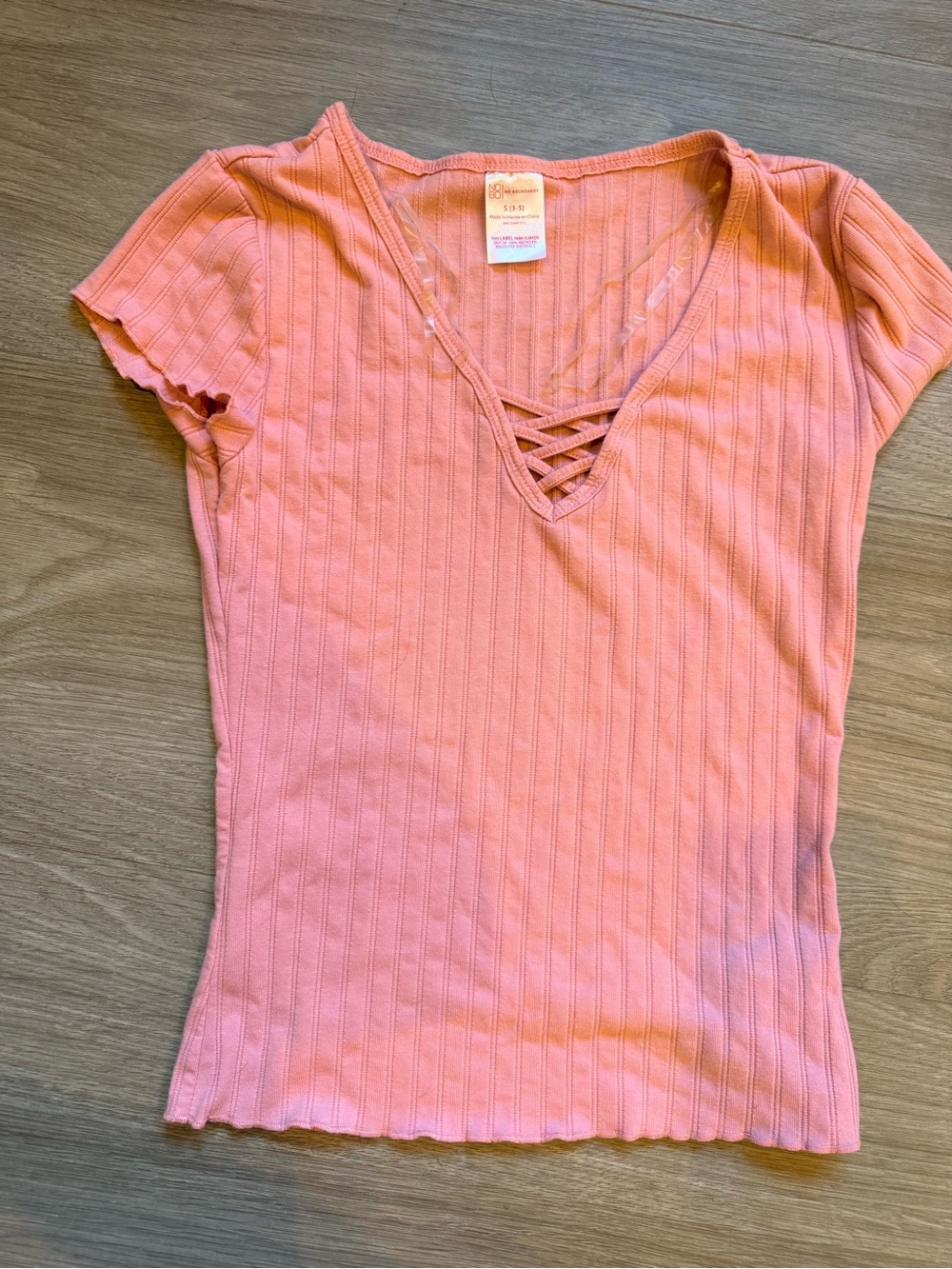 No Boundaries Ribbed Lace-Up V-Neck Tee - Coral Pink